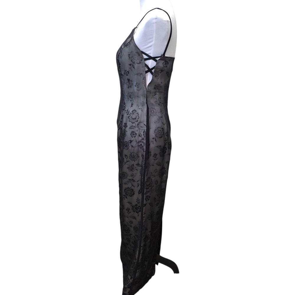 Morgan And Co Elegant Black Floral Lace Evening Dress Maxi Size 7/8 - Picture 3 of 12